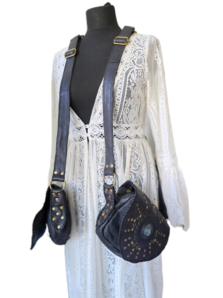 Black Leather Utility Bag, Labradorite Steampunk Pouch, Double Pocket Festival Holster, Rustic Biker Chest Bag