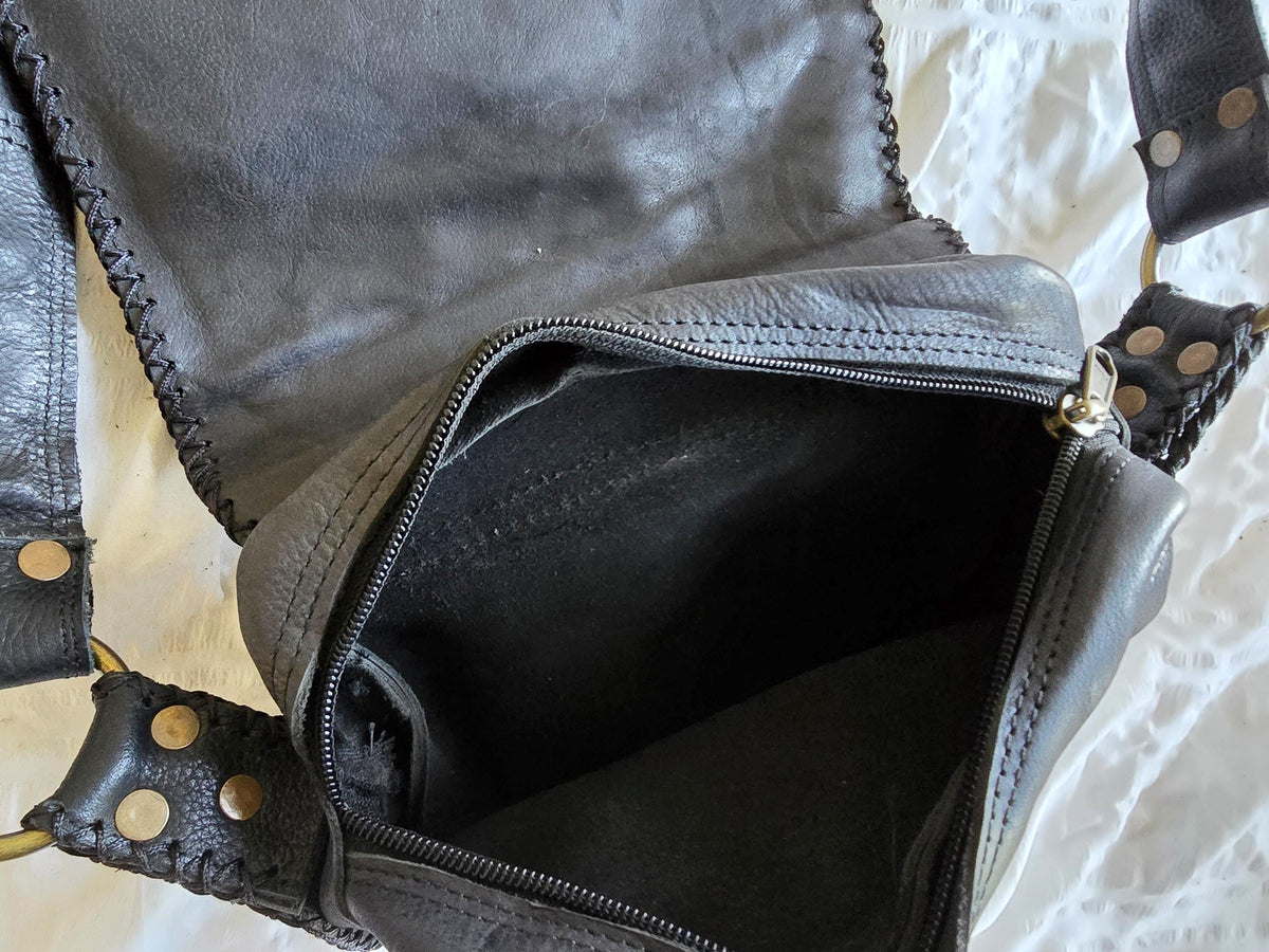 Black Leather Utility Bag, Labradorite Steampunk Pouch, Double Pocket Festival Holster, Rustic Biker Chest Bag