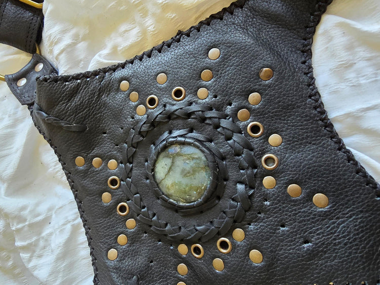 Black Leather Utility Bag, Labradorite Steampunk Pouch, Double Pocket Festival Holster, Rustic Biker Chest Bag