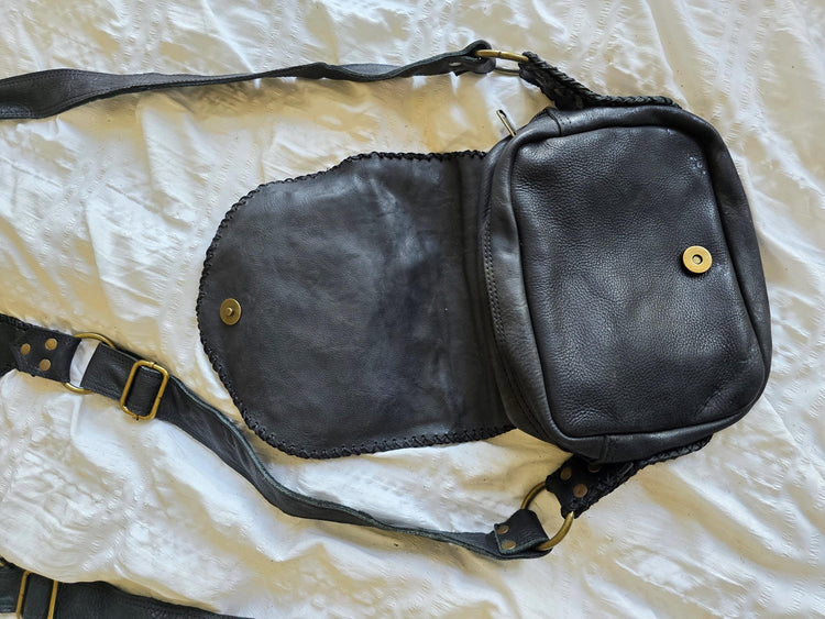 Black Leather Utility Bag, Labradorite Steampunk Pouch, Double Pocket Festival Holster, Rustic Biker Chest Bag