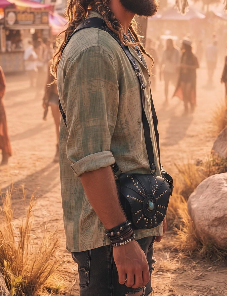 Black Leather Utility Bag, Labradorite Steampunk Pouch, Double Pocket Festival Holster, Rustic Biker Chest Bag