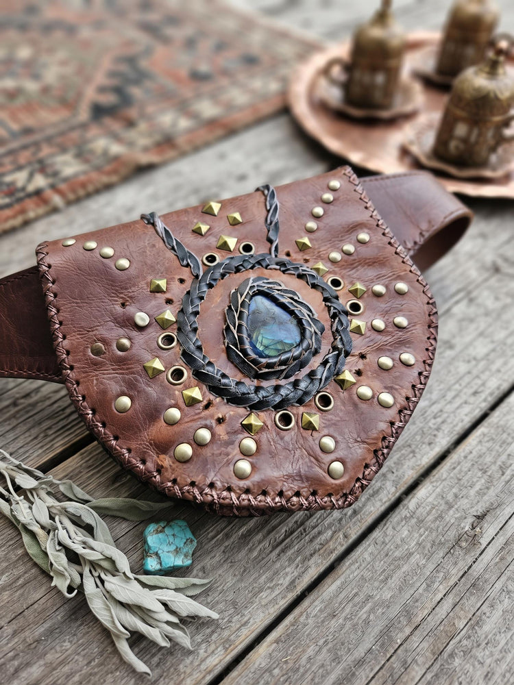 Dark Brown Leather Belt Bag, Rustic Utility Waist Pouch with Labradorite, Studded Festival Hip Bag