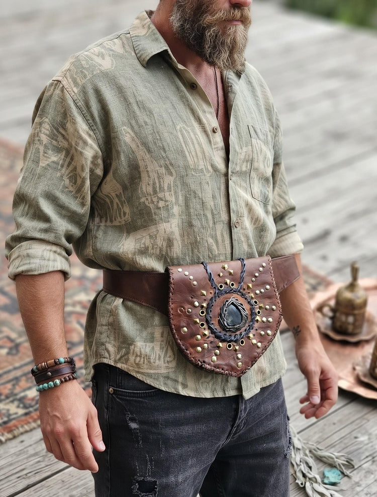 Dark Brown Leather Belt Bag, Rustic Utility Waist Pouch with Labradorite, Studded Festival Hip Bag