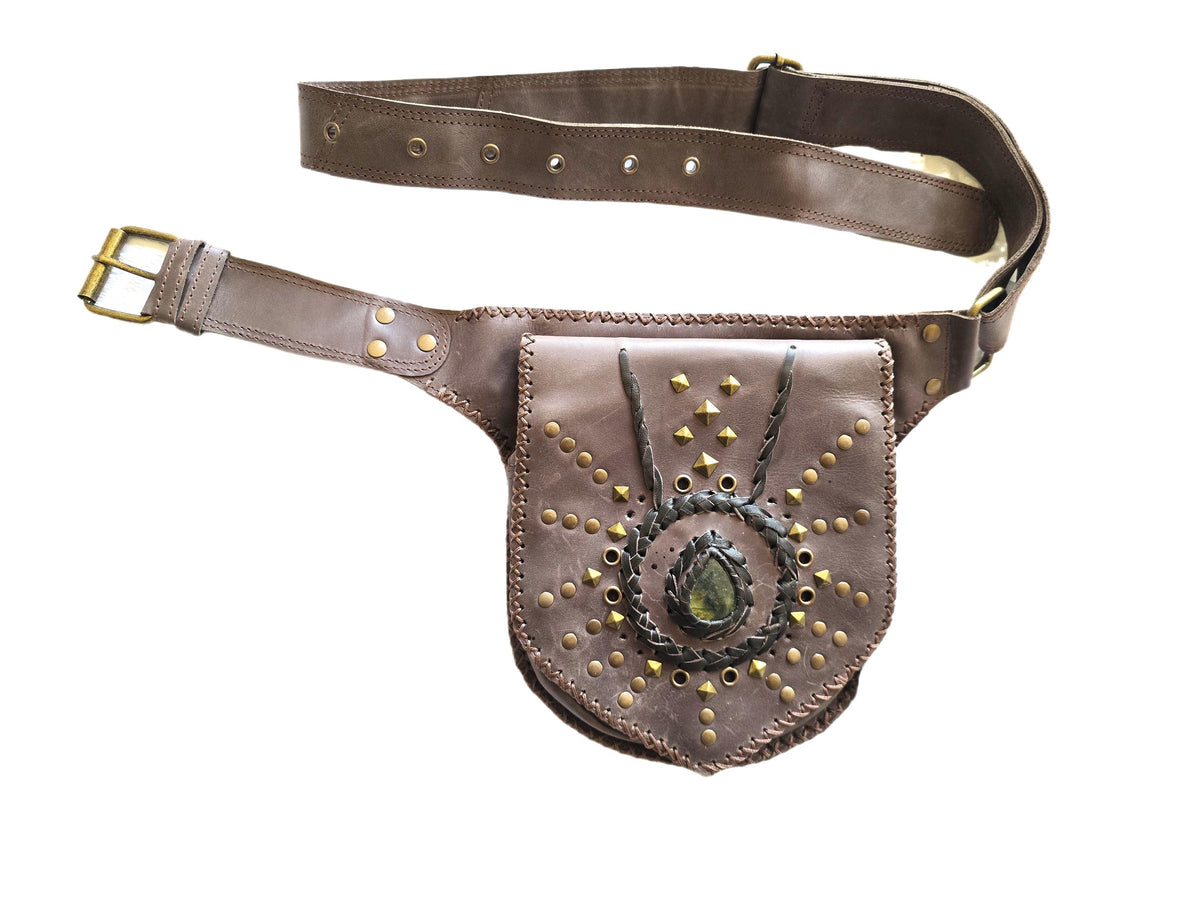Dark Brown Leather Belt Bag, Rustic Utility Waist Pouch with Labradorite, Studded Festival Hip Bag