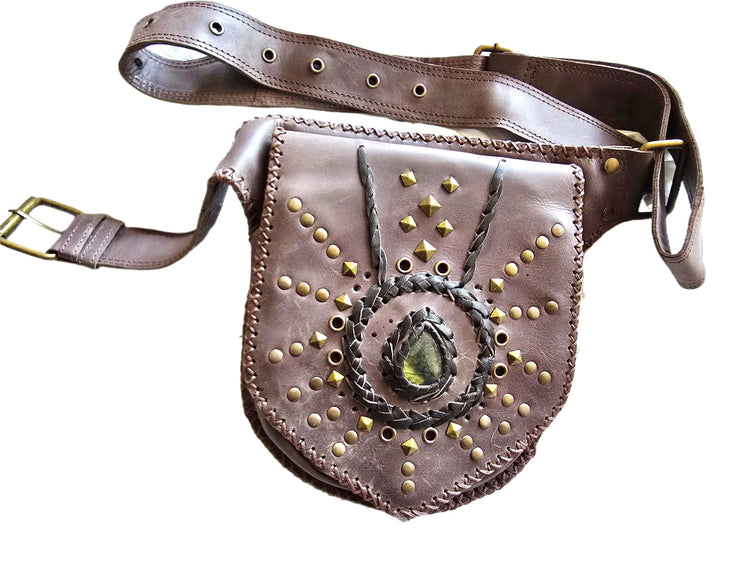 Dark Brown Leather Belt Bag, Rustic Utility Waist Pouch with Labradorite, Studded Festival Hip Bag