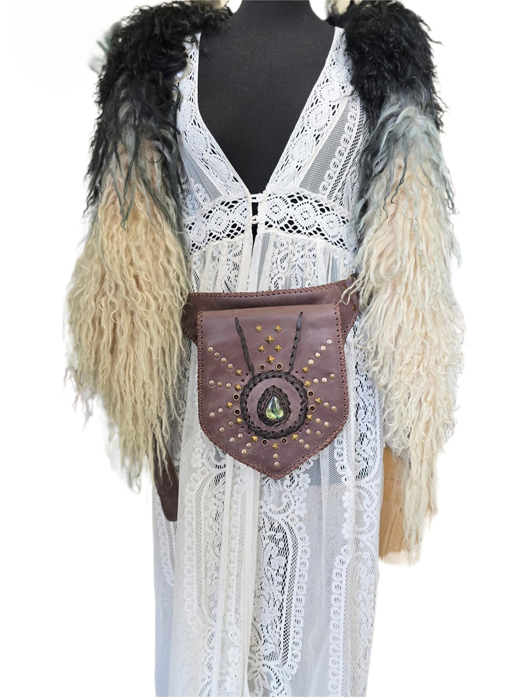 Dark Brown Leather Belt Bag, Rustic Utility Waist Pouch with Labradorite, Studded Festival Hip Bag