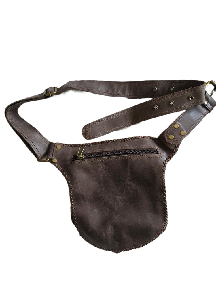 Dark Brown Leather Belt Bag, Rustic Utility Waist Pouch with Labradorite, Studded Festival Hip Bag