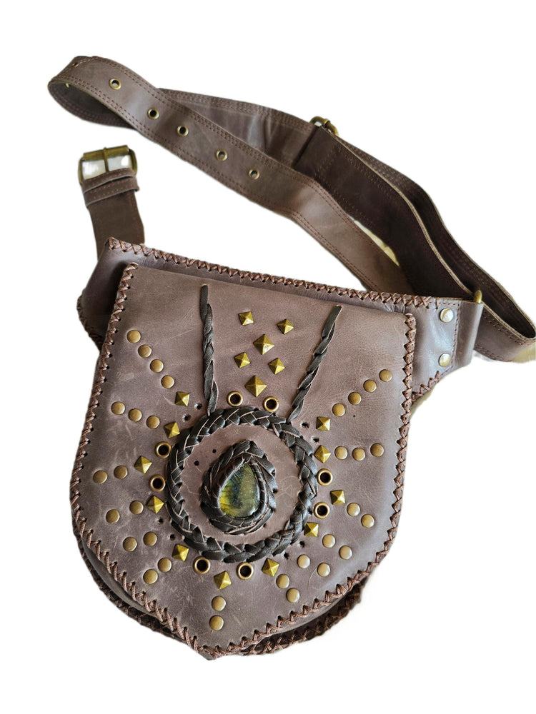 Dark Brown Leather Belt Bag, Rustic Utility Waist Pouch with Labradorite, Studded Festival Hip Bag