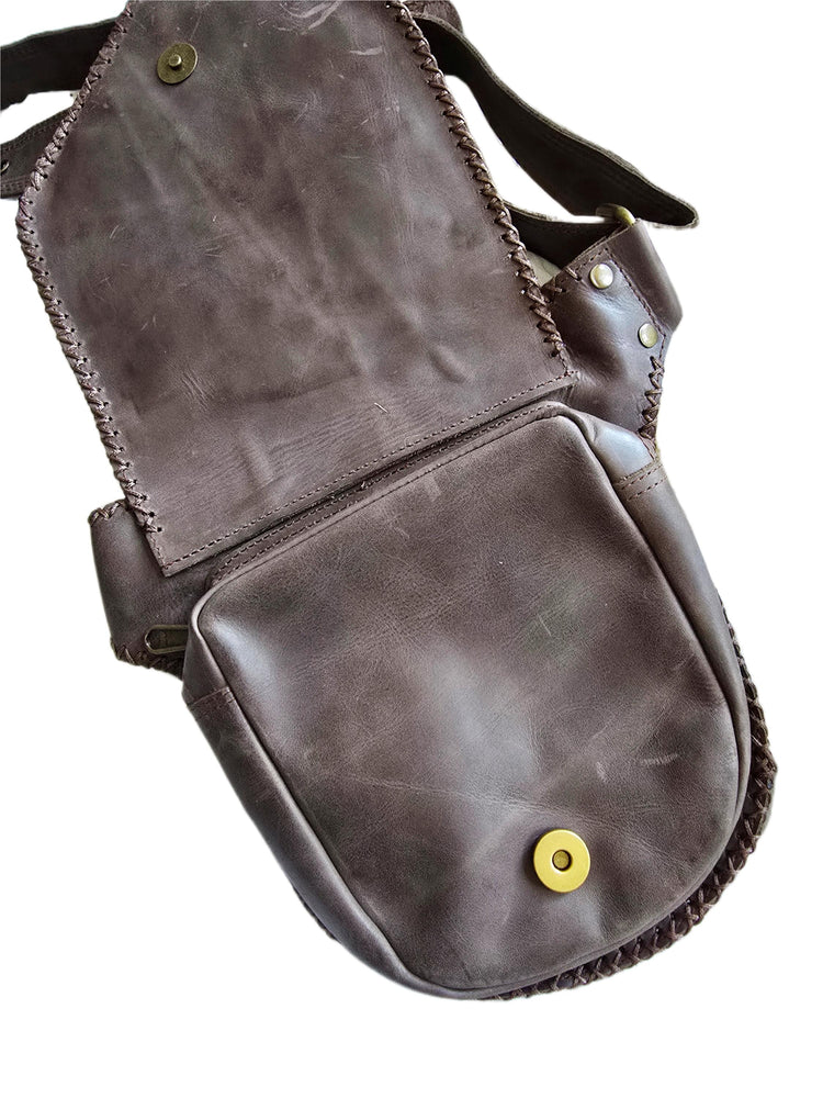 Dark Brown Leather Belt Bag, Rustic Utility Waist Pouch with Labradorite, Studded Festival Hip Bag
