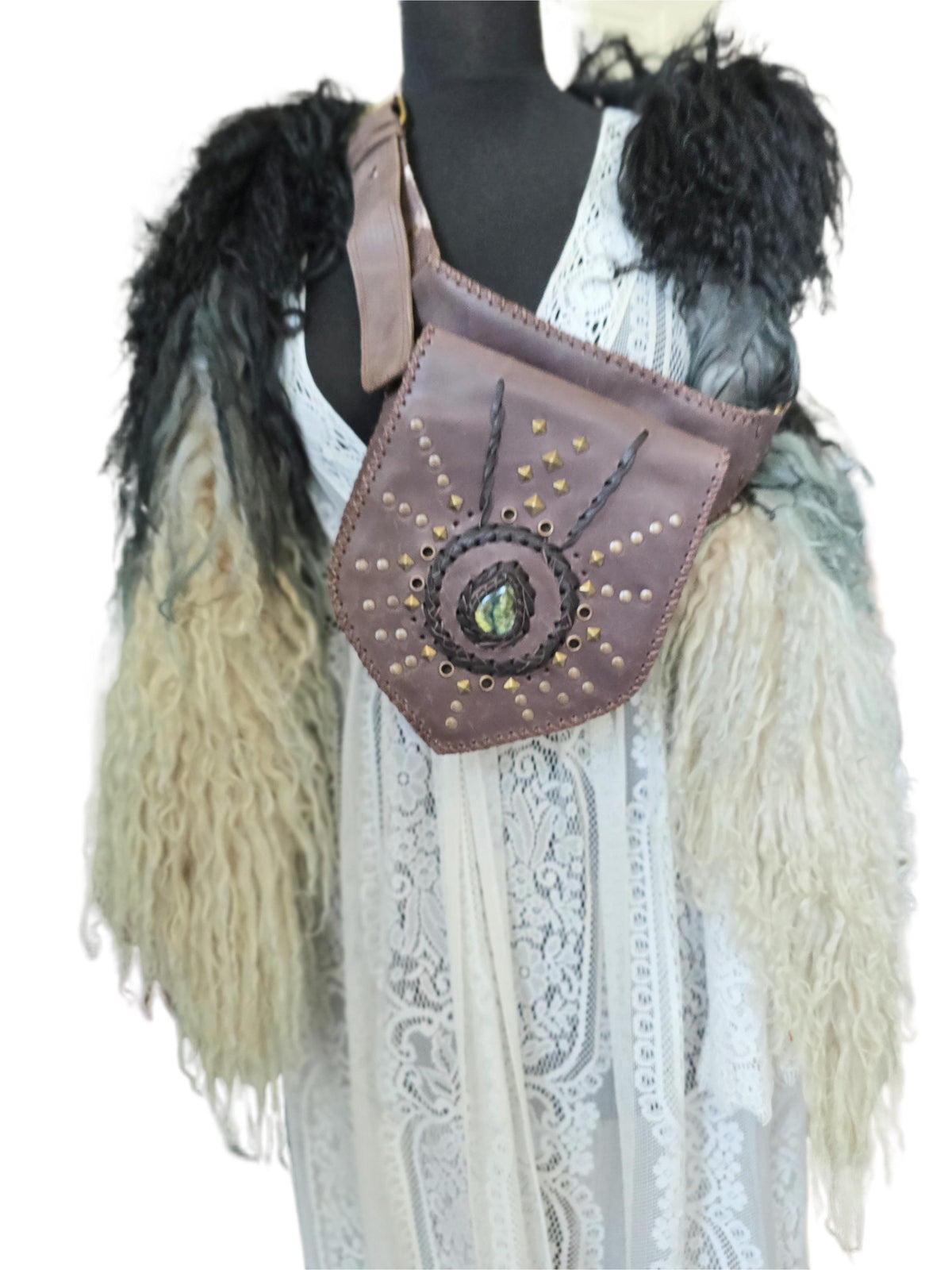 Dark Brown Leather Belt Bag, Rustic Utility Waist Pouch with Labradorite, Studded Festival Hip Bag