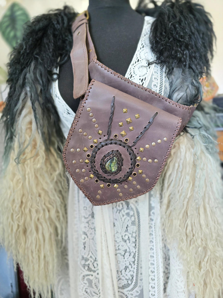 Dark Brown Leather Belt Bag, Rustic Utility Waist Pouch with Labradorite, Studded Festival Hip Bag