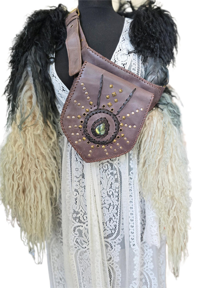 Dark Brown Leather Belt Bag, Rustic Utility Waist Pouch with Labradorite, Studded Festival Hip Bag