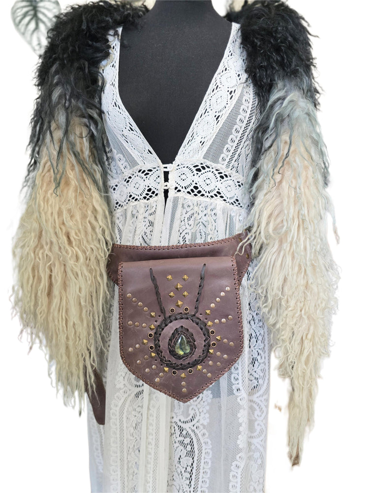 Dark Brown Leather Belt Bag, Rustic Utility Waist Pouch with Labradorite, Studded Festival Hip Bag
