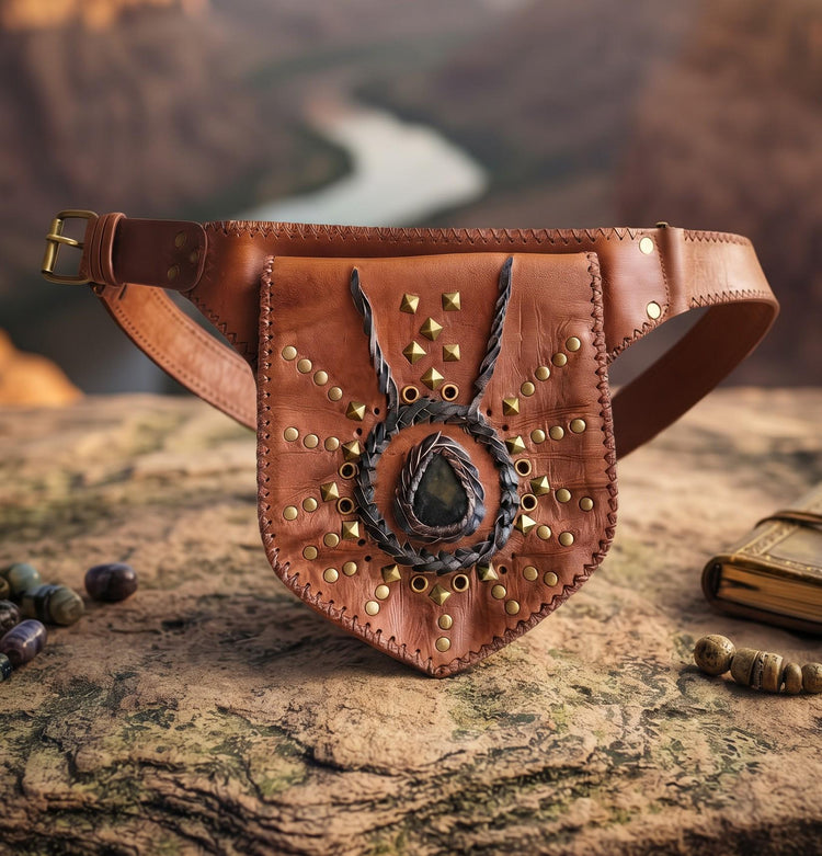 Chestnut Tan Brown Leather Waist Bag, Western Studded Hip Pouch with Labradorite, Artisan Festival Belt Bag