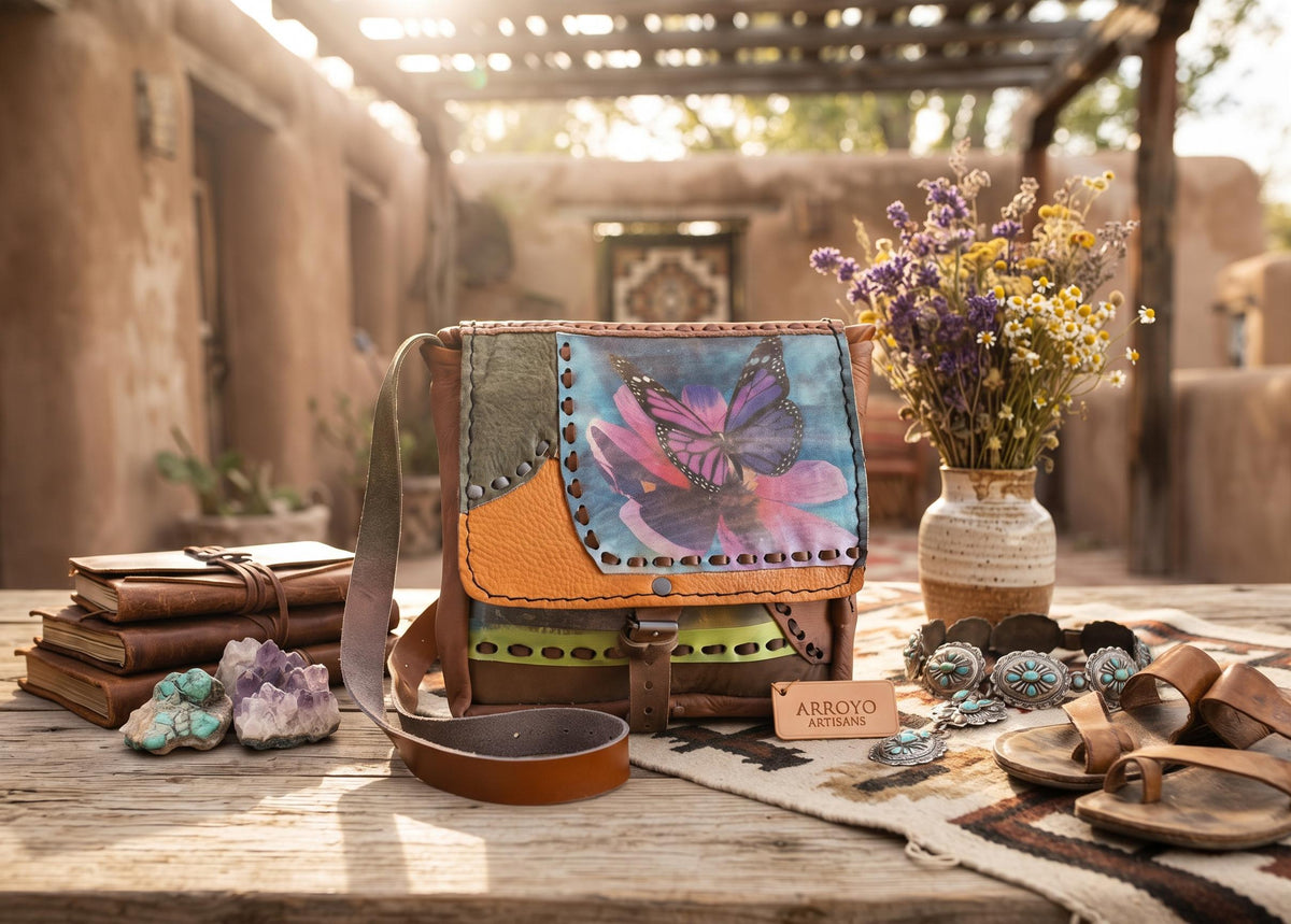 Vintage Butterfly Leather Bag, Dog Lover Handbag, Upcycled Patchwork Purse, Boho Crossbody Bag, 70s Style Leather Bag, Nature Gift