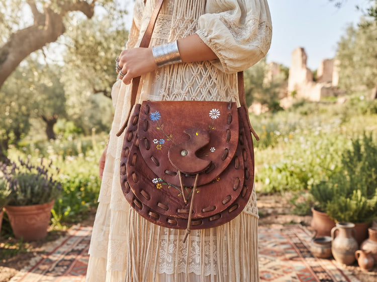 Vintage 1970s 80s Floral Leather Bag, Hand Painted Hippie Purse, Tooled Boho Shoulder Bag, Western Cowgirl Satchel, Duckling Buckle