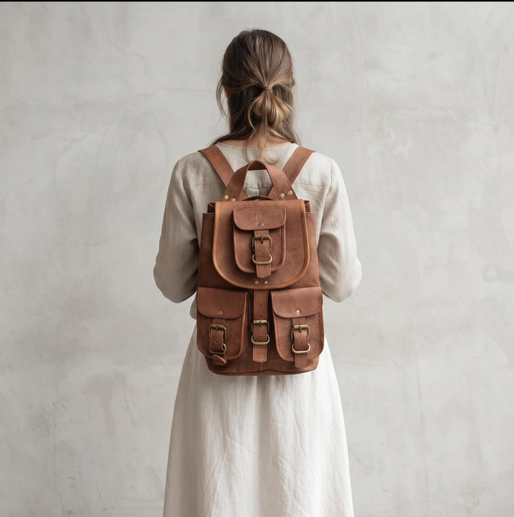 Vintage Leather Backpack, 1970s Hippie Rucksack, Tan Brown Leather Bag, Boho Backpack, Womens Festival Bag