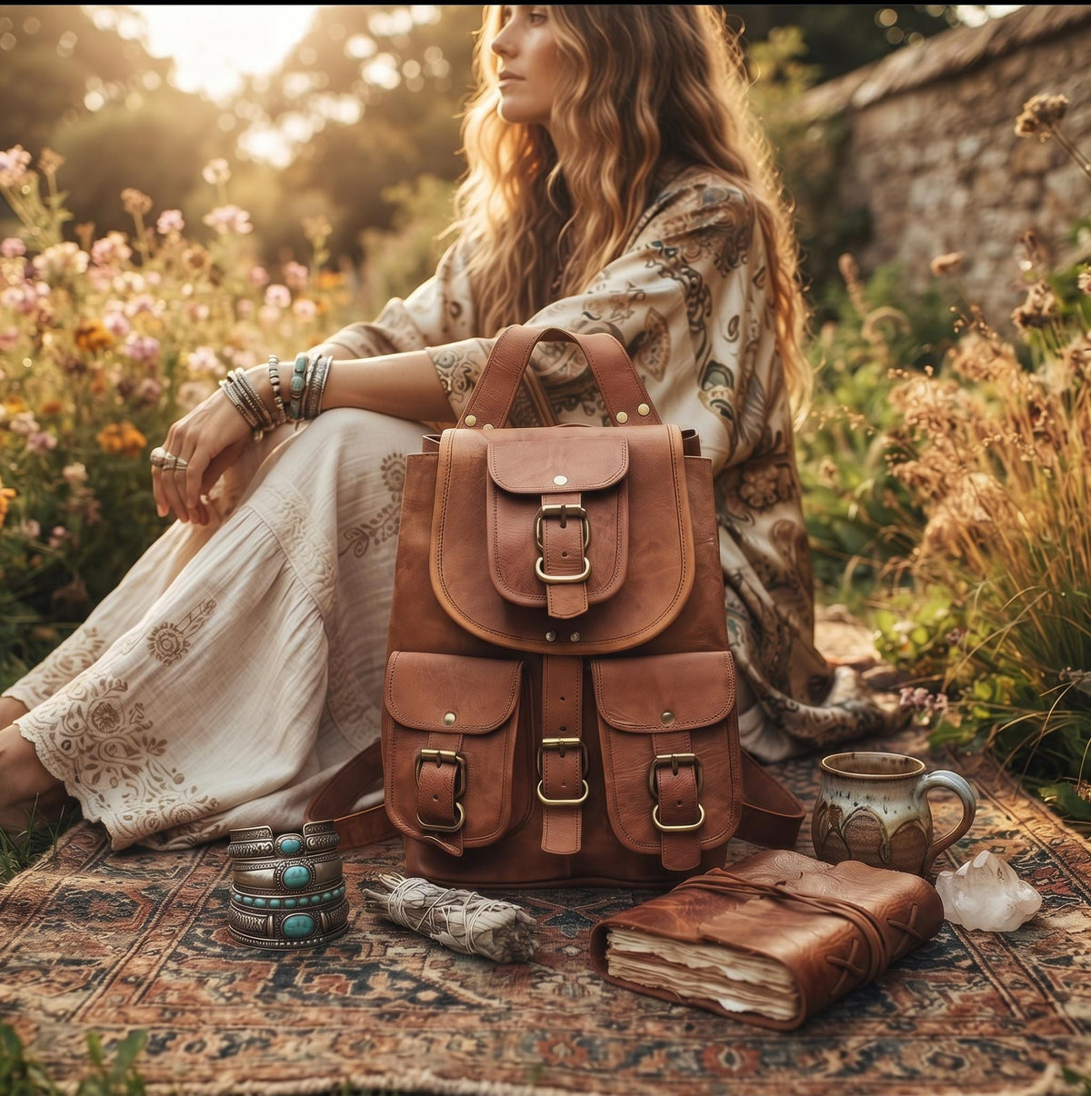 Vintage Leather Backpack, 1970s Hippie Rucksack, Tan Brown Leather Bag, Boho Backpack, Womens Festival Bag