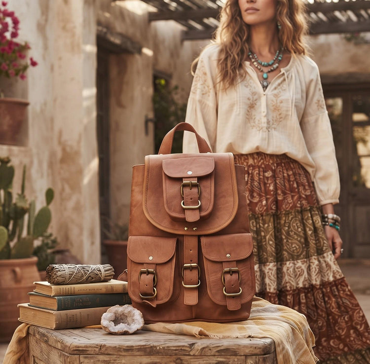 Vintage Leather Backpack, 1970s Hippie Rucksack, Tan Brown Leather Bag, Boho Backpack, Womens Festival Bag