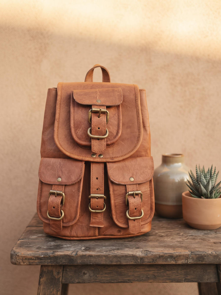 Vintage Leather Backpack, 1970s Hippie Rucksack, Tan Brown Leather Bag, Boho Backpack, Womens Festival Bag