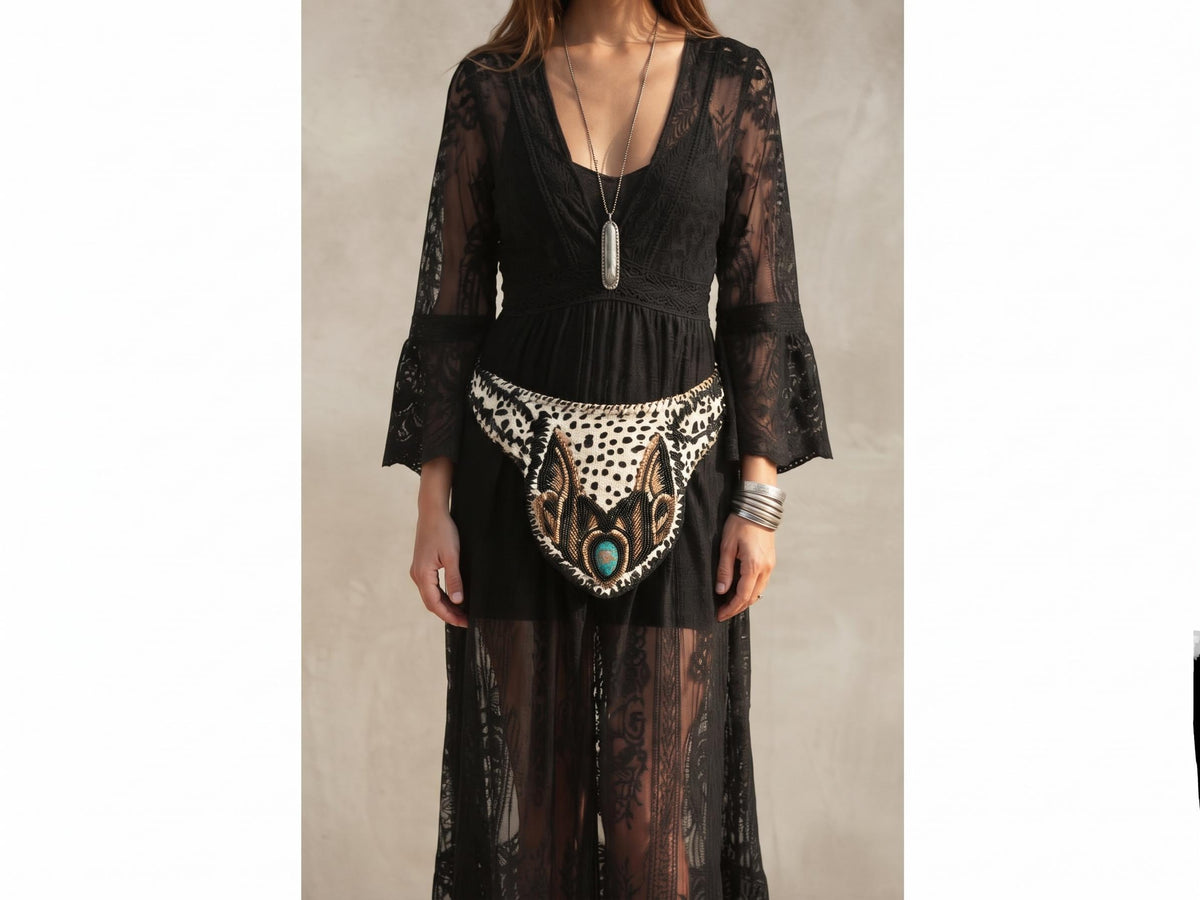 Beaded Cowhide Fanny Pack: Leopard Print Leather Belt Bag with Turquoise Stone
