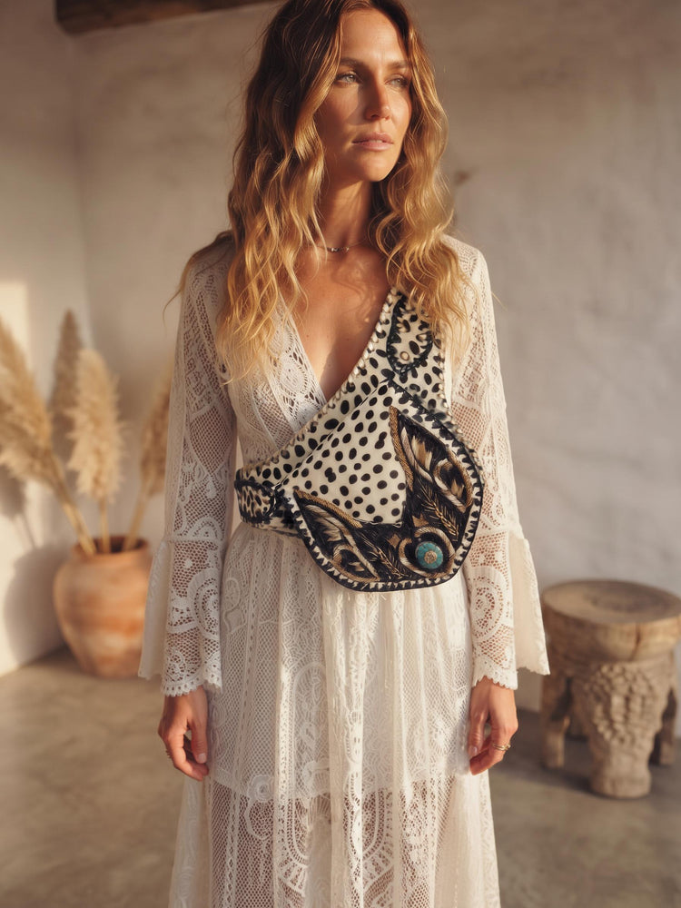 Beaded Cowhide Fanny Pack: Leopard Print Leather Belt Bag with Turquoise Stone