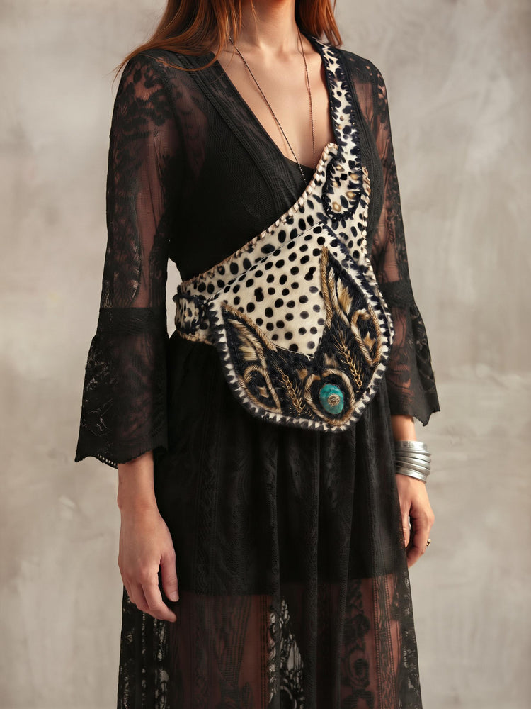 Beaded Cowhide Fanny Pack: Leopard Print Leather Belt Bag with Turquoise Stone