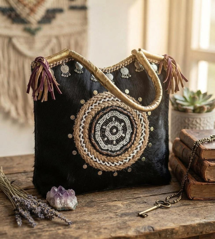 Cowhide Leather Tote Bag, Unique Women Purse, Beaded Embellished Banjara Bag, Oversize Boho Shopper