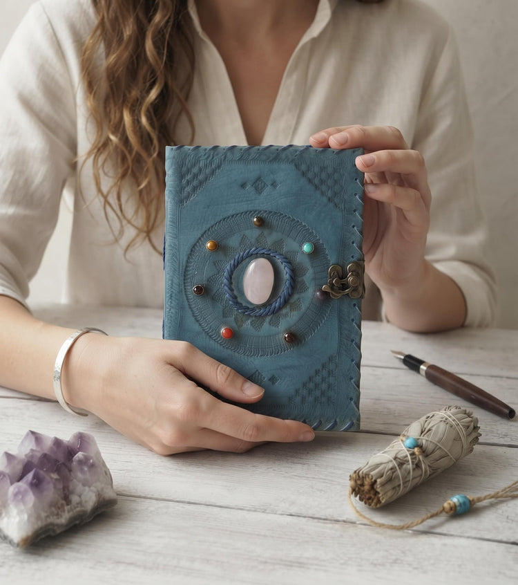 Turquoise Chakra Leather Journal, Celtic Embossed Gemstone Diary, Water Buffalo Notebook, Book of Shadows, Spell Book, Handmade Gift