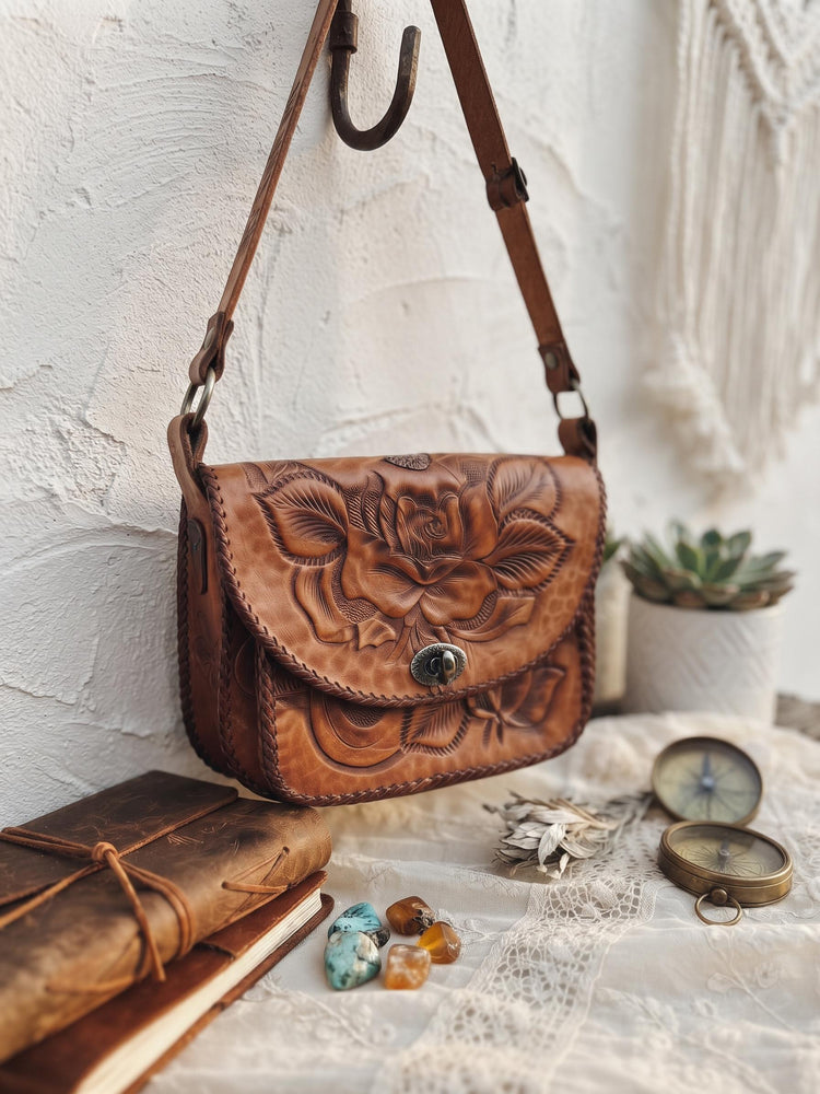 70s Vintage Rose Tooled Leather Bag, Tan Brown Floral Shoulder Handbag, Boho Hippie Purse, Cottagecore Accessory