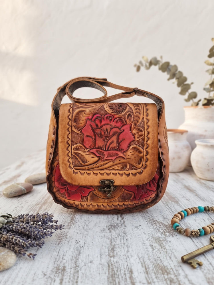 70s Vintage Floral Tooled Leather Bag, Rose Design Boho Purse, Fairycore Handbag, Cottagecore Hippie Satchel