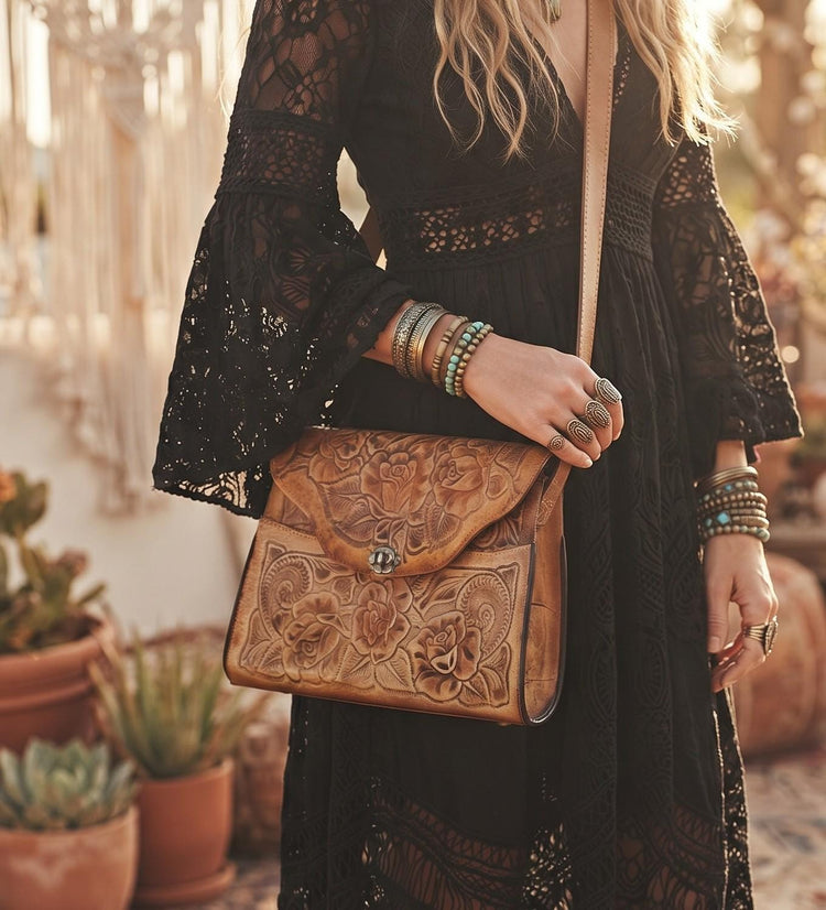 70s Vintage Tooled Leather Shoulder Bag, Tan Brown Rose Floral Handbag, Large Boho Hippie Purse, Women Cottagcore Accessory