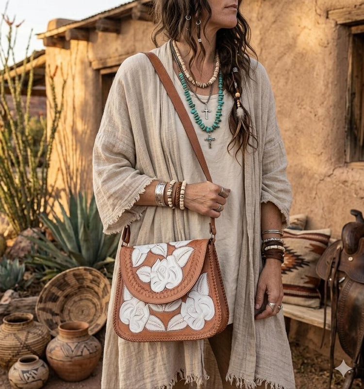 Hand Painted Floral Leather Crossbody Bag / White Rose Tooled Satchel Boho Western Shoulder Purse