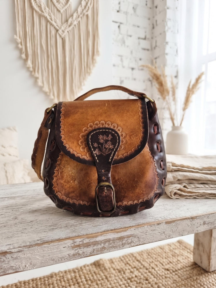 1970s Vintage Tooled Leather Bag, Tan Brown Hippie Shoulder Purse, Brass Buckle Boho Handbag, Cottagecore Festival Style