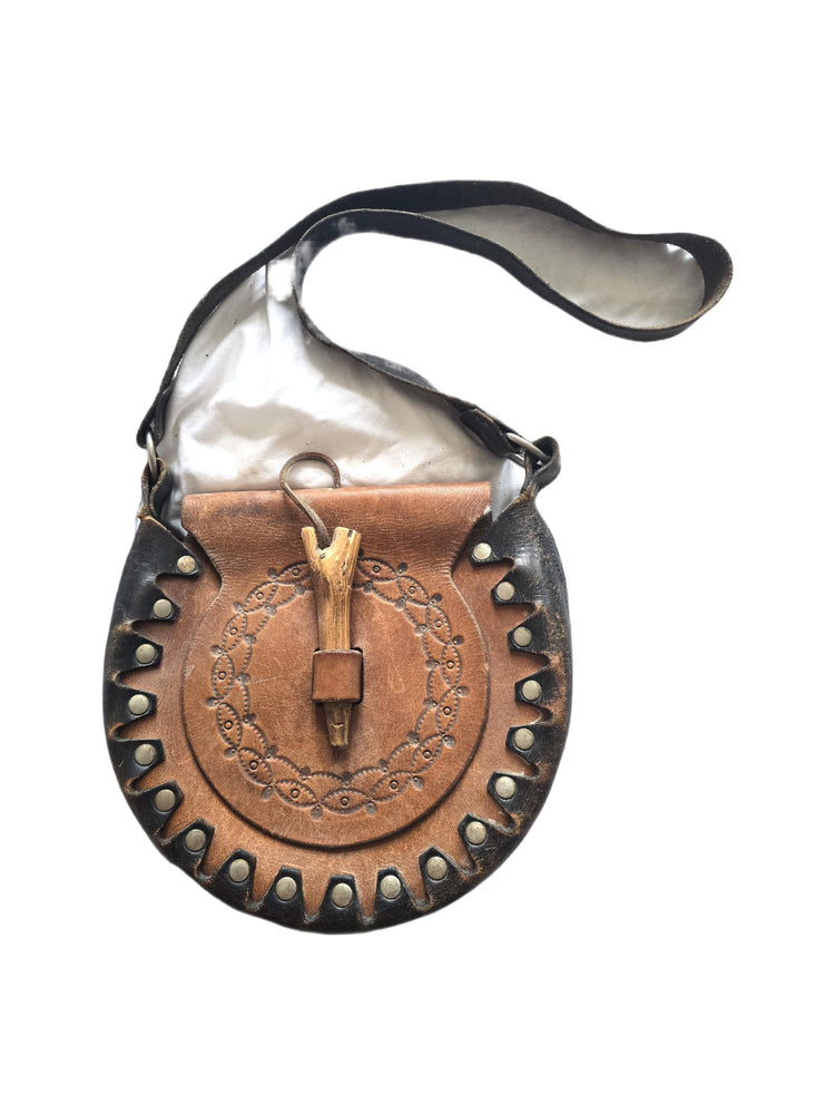 Rare 70s Leather Bag, Tooled Celtic Tribal Purse, Studded Boho Satchel Wooden Buckle, Vintage Hippie Festival Outfit