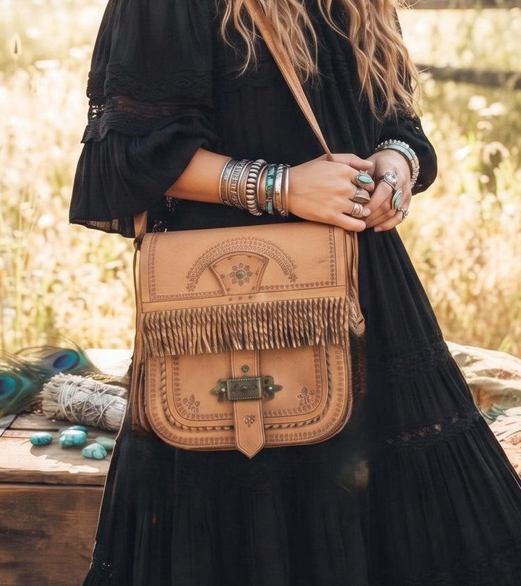 Rare Polish Folk Art 1970s Boho Leather Festival Bag, Tan Vintage Satchel, Tooled Hippie Shoulder Bag, Filigree Brass Buckle Fringe Purse