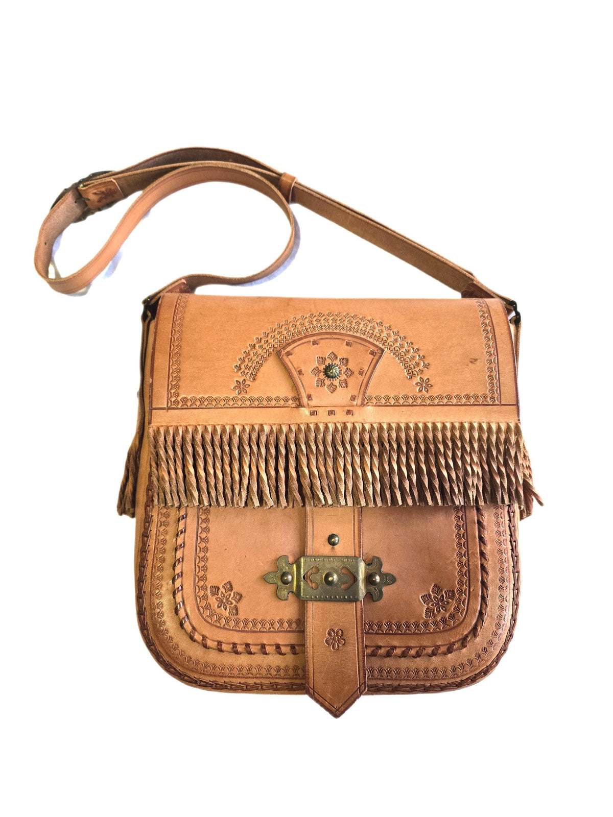 Rare Polish Folk Art 1970s Boho Leather Festival Bag, Tan Vintage Satchel, Tooled Hippie Shoulder Bag, Filigree Brass Buckle Fringe Purse