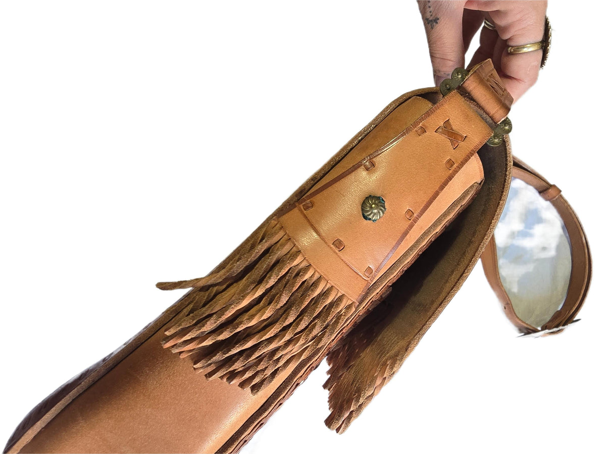 Rare Polish Folk Art 1970s Boho Leather Festival Bag, Tan Vintage Satchel, Tooled Hippie Shoulder Bag, Filigree Brass Buckle Fringe Purse