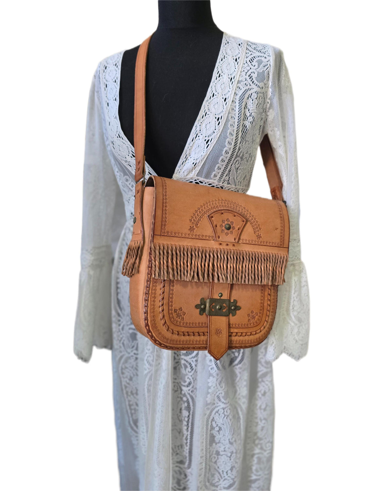 Rare Polish Folk Art 1970s Boho Leather Festival Bag, Tan Vintage Satchel, Tooled Hippie Shoulder Bag, Filigree Brass Buckle Fringe Purse