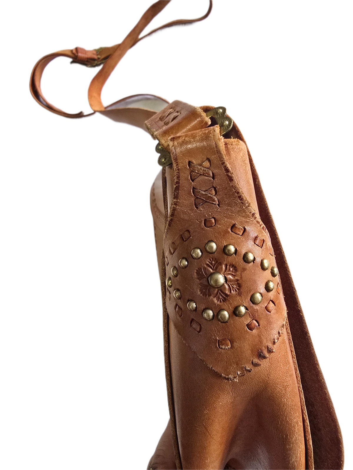 Rare Polish Folk Art 1970s Vintage Tooled Leather Bag, Round Brown Hippie Shoulder Purse, Studded Strap Brass Buckle Boho Satchel