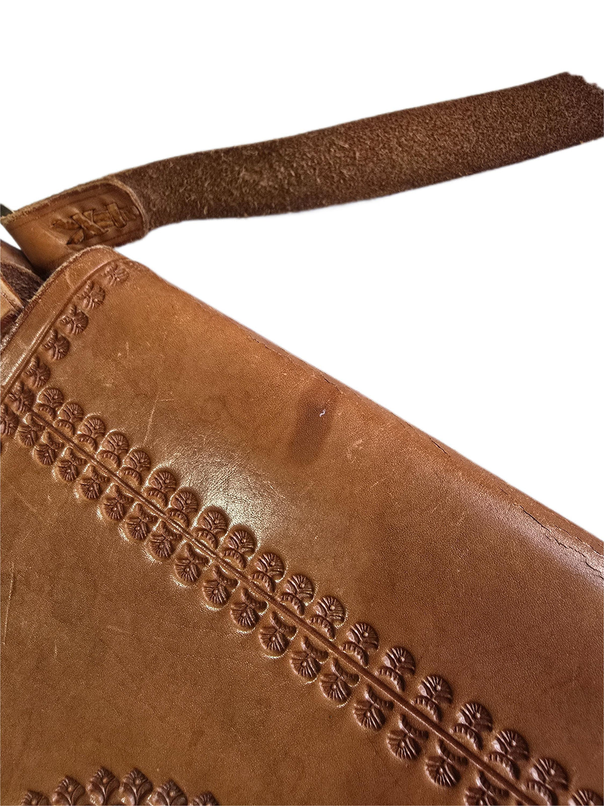Rare Polish Folk Art 1970s Vintage Tooled Leather Bag, Round Brown Hippie Shoulder Purse, Studded Strap Brass Buckle Boho Satchel