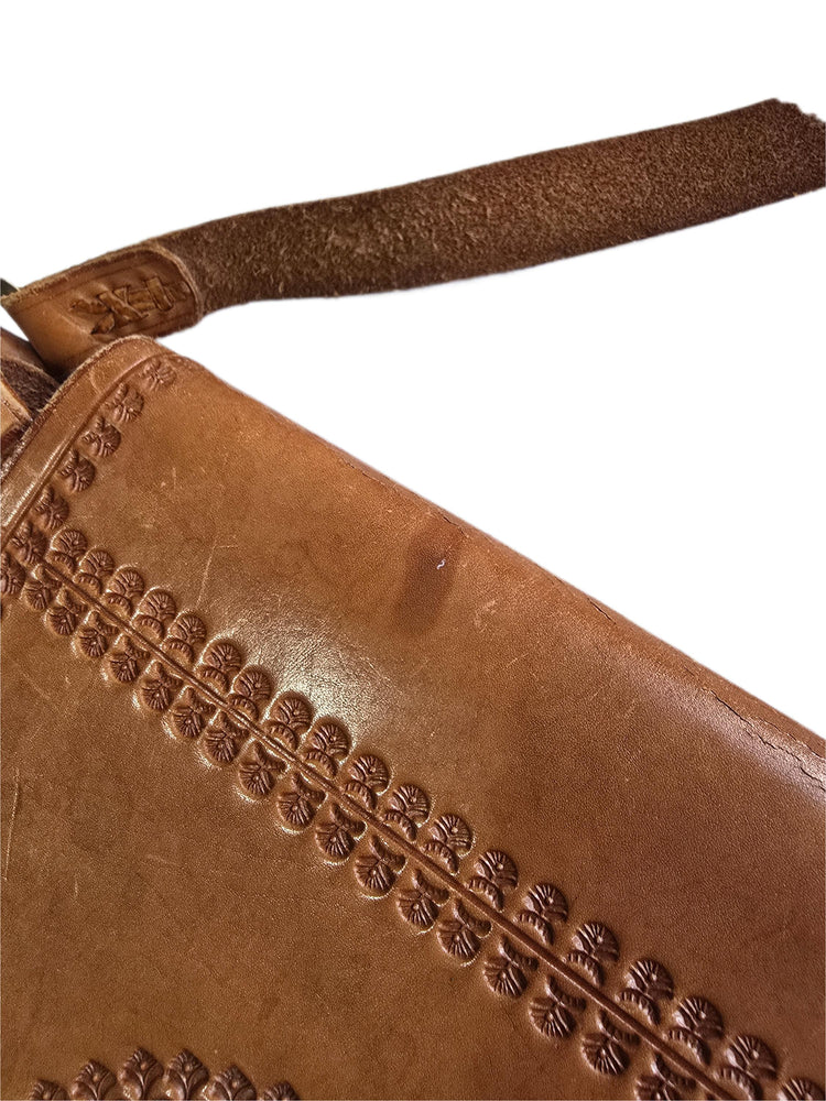 Rare Polish Folk Art 1970s Vintage Tooled Leather Bag, Round Brown Hippie Shoulder Purse, Studded Strap Brass Buckle Boho Satchel