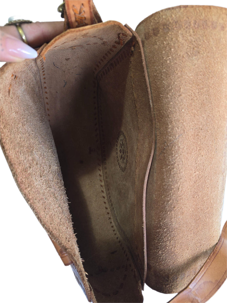Rare Polish Folk Art 1970s Vintage Tooled Leather Bag, Round Brown Hippie Shoulder Purse, Studded Strap Brass Buckle Boho Satchel