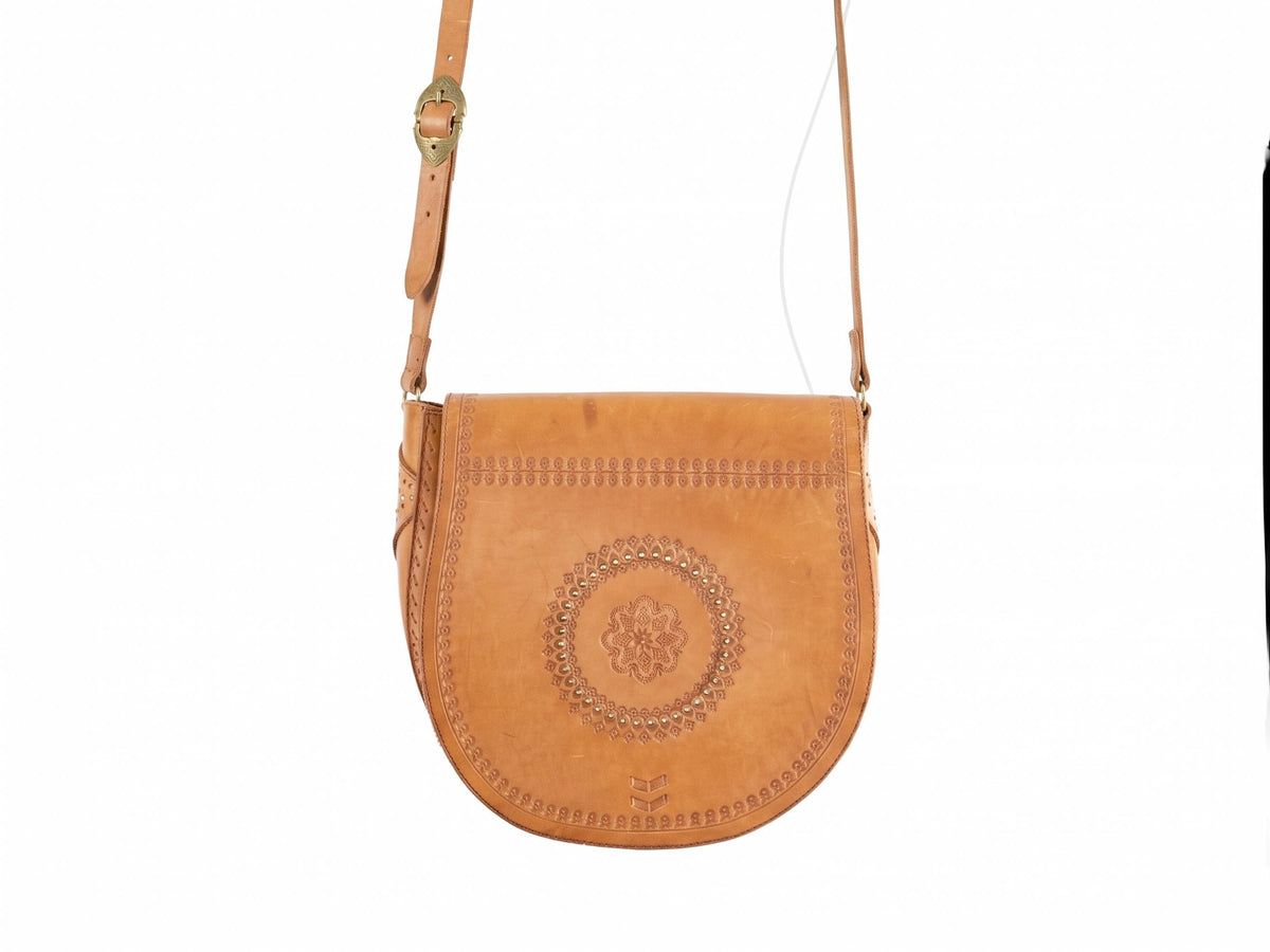 Rare Polish Folk Art 1970s Vintage Tooled Leather Bag, Round Brown Hippie Shoulder Purse, Studded Strap Brass Buckle Boho Satchel