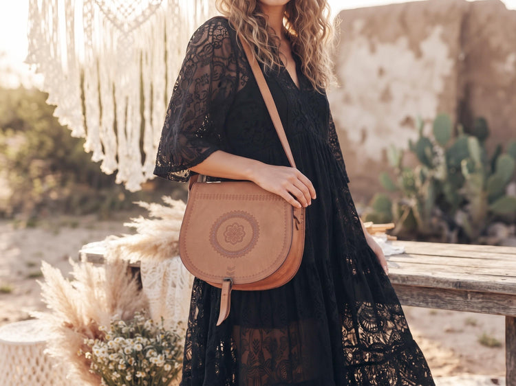 Rare Polish Folk Art 1970s Vintage Tooled Leather Bag, Round Brown Hippie Shoulder Purse, Studded Strap Brass Buckle Boho Satchel