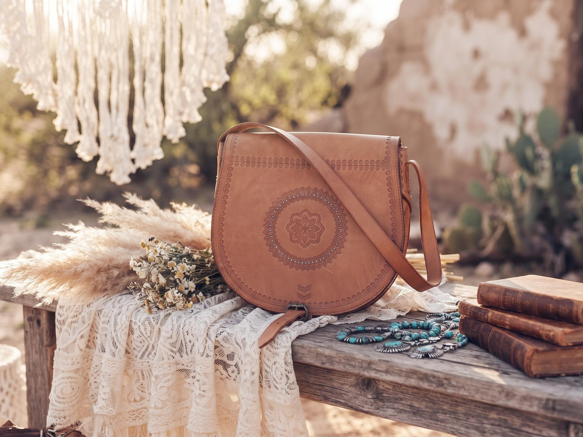 Rare Polish Folk Art 1970s Vintage Tooled Leather Bag, Round Brown Hippie Shoulder Purse, Studded Strap Brass Buckle Boho Satchel