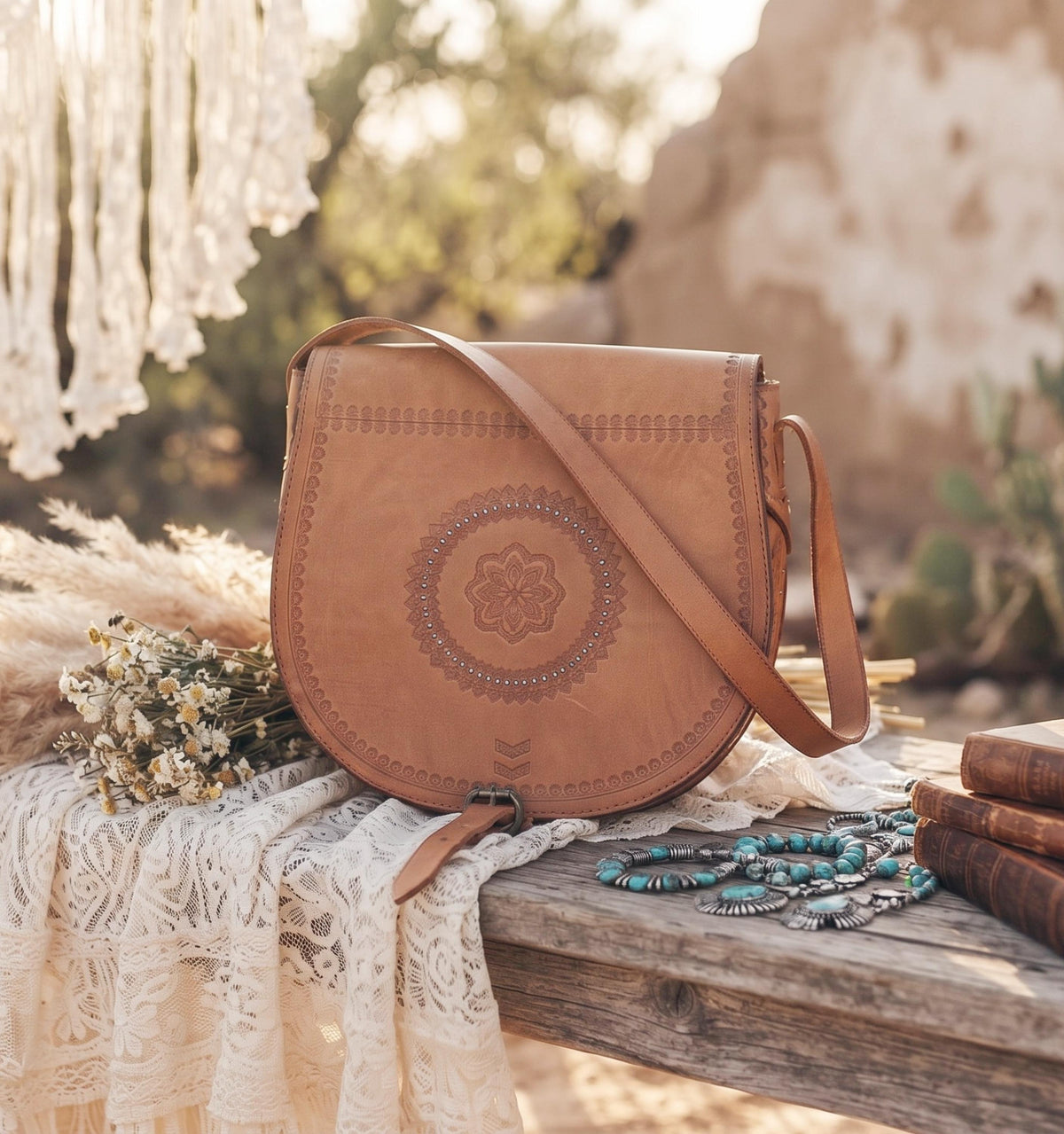 Rare Polish Folk Art 1970s Vintage Tooled Leather Bag, Round Brown Hippie Shoulder Purse, Studded Strap Brass Buckle Boho Satchel
