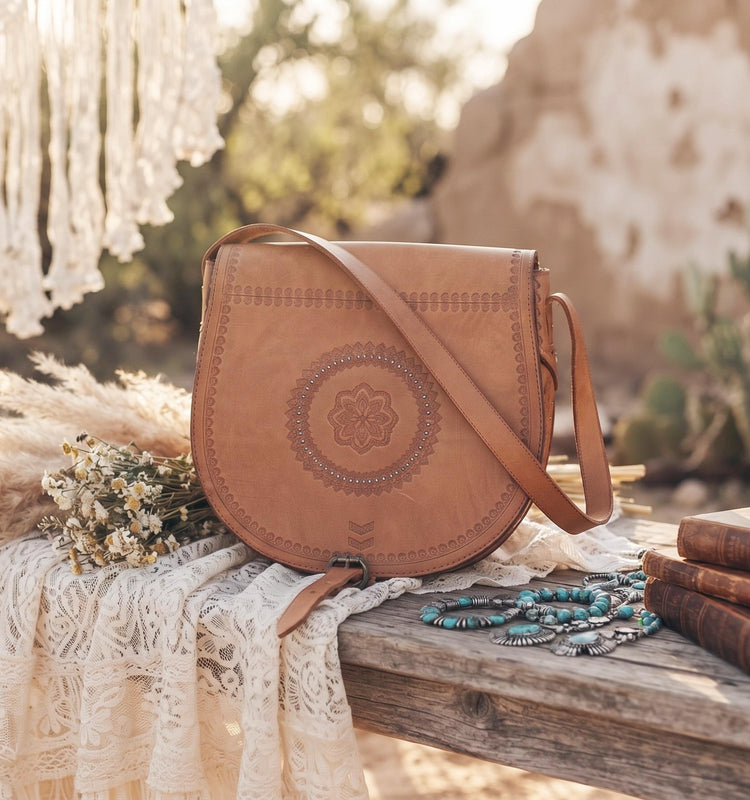Rare Polish Folk Art 1970s Vintage Tooled Leather Bag, Round Brown Hippie Shoulder Purse, Studded Strap Brass Buckle Boho Satchel