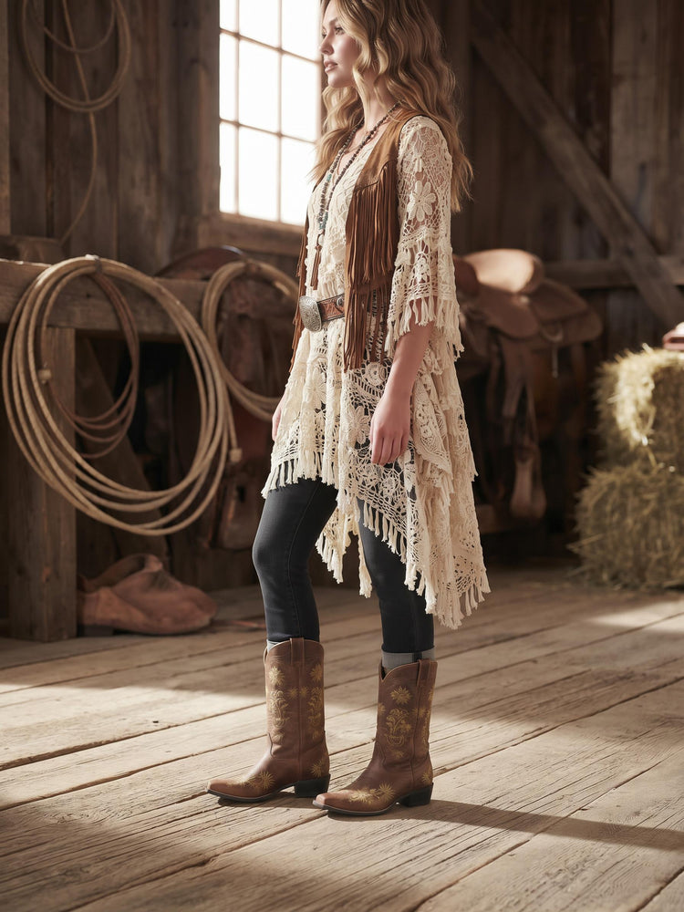 Embroidered Leather Cowboy Boots: Handmade Dan Post Western Boots US 5 / UK 3