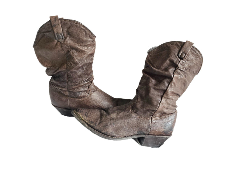 Vintage Dingo Cowboy Boots US 8, Dark Brown Leather Western Boots, Mid Calf Cowgirl Boots, Boho Hippie Festival Boots UK 6